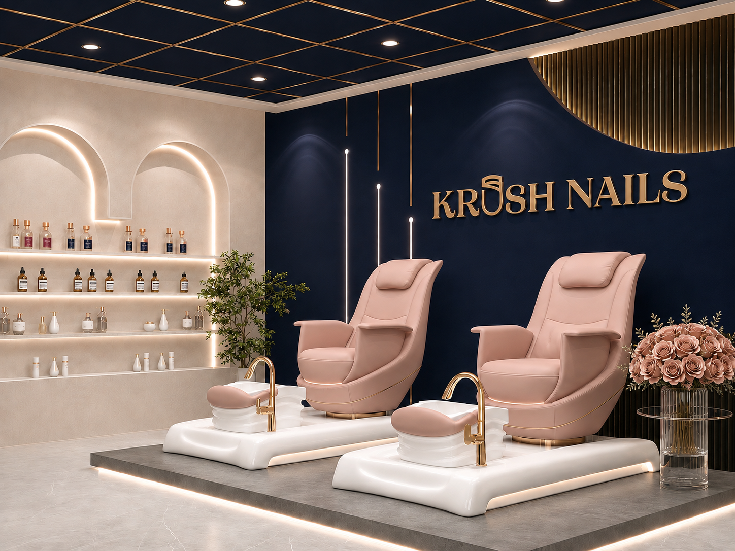 Design visualization of the KRUSH pedicure suite: blush leather chairs, navy walls and matte gold KRUSH NAILS signage