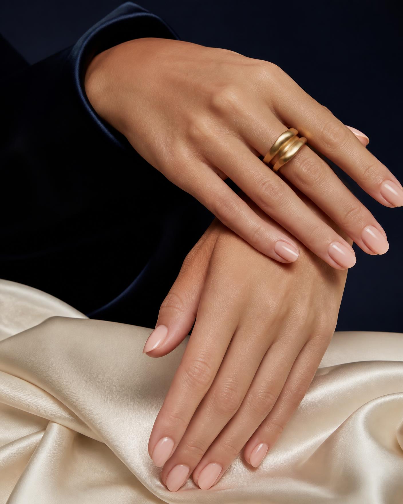 Hands with softly polished natural nails resting on cream silk