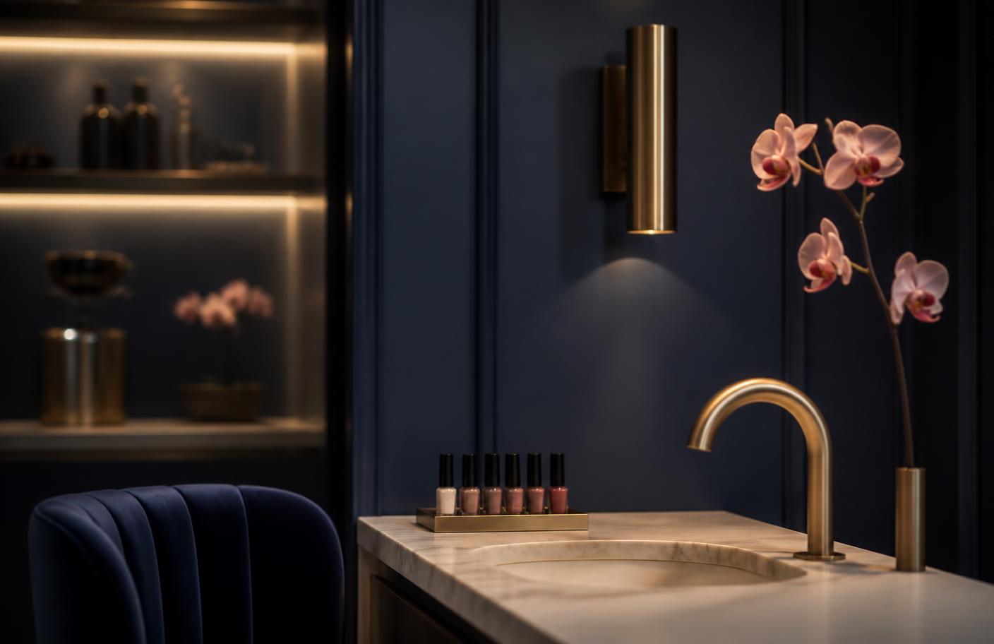 Design direction for the KRUSH salon interior: navy panelling, marble and matte gold
